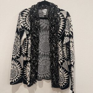 Chico’s Open Cardigan Sz 2 Fringed Bohemian Printed Mystical Native Fairy Chic